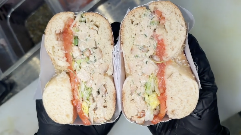Nosh NY takes its chicken salad sandwich to another level by serving it on a rosemary sea-salt bagel