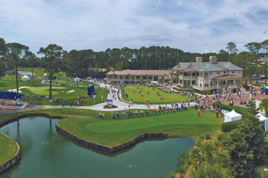 Overhead shot of the golf course, clubhouse and water at Harbour Town Golf Links