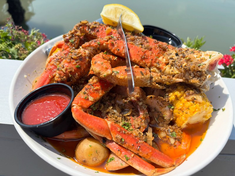 Snowcountry boil with local shrimp, snow crab legs, andouille sausage, corn and potatoes