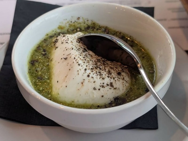 Burrata with kale pesto and preserved Meyer lemon tapenade