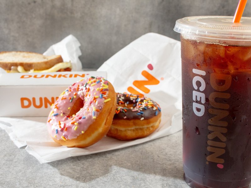 Doughnuts, breakfast sandwich and iced drink from Dunkin’