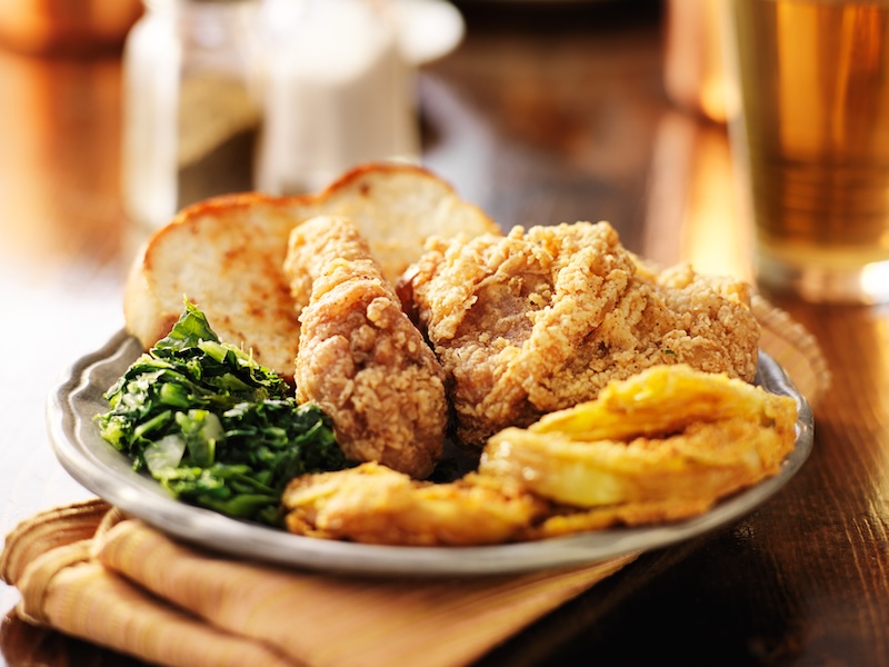 southern soul food with fried chicken and collard greens