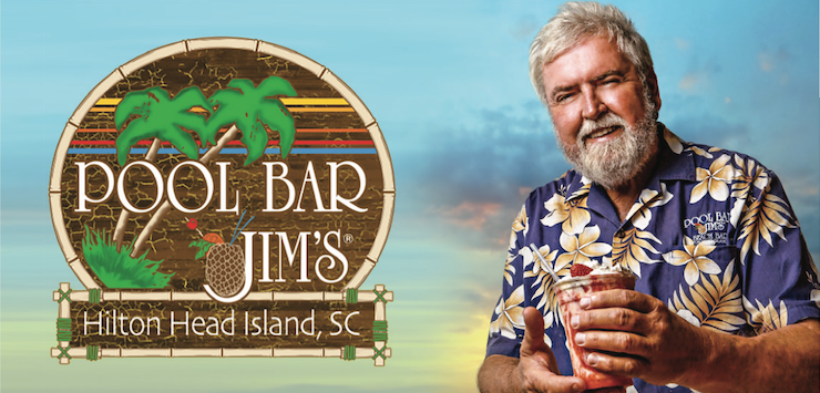 Pool Bar Jim holding a drink with the Pool Bar Jim's Logo - Hilton Head Island, SC