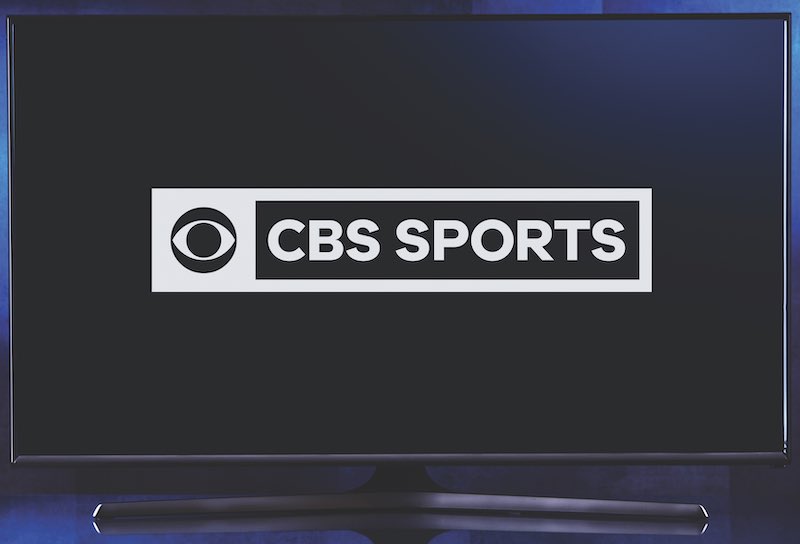 POZNAN, POL - FEB 6, 2021: Flat-screen TV set displaying logo of CBS Sports, the sports division of the American television network CBS
