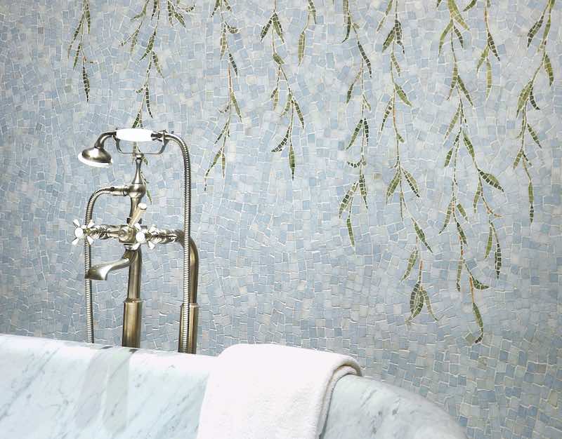 Willow, a hand-cut stone mosaic, shown in polished Celeste, Verde Luna, Travertine Noce, Topax Onyx, Chartreuse.