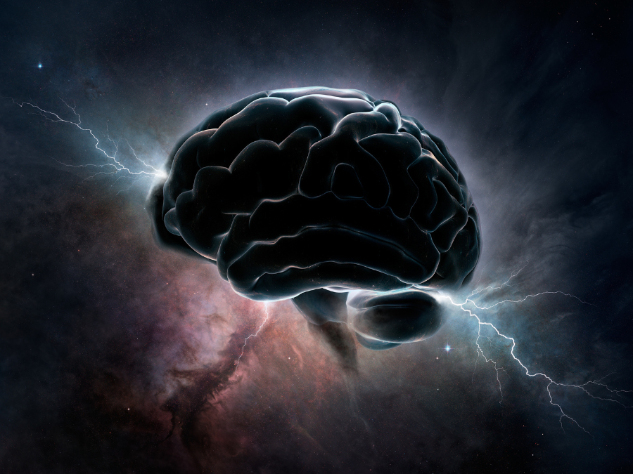 Brain Image with dark night sky behind it and a lightening strike