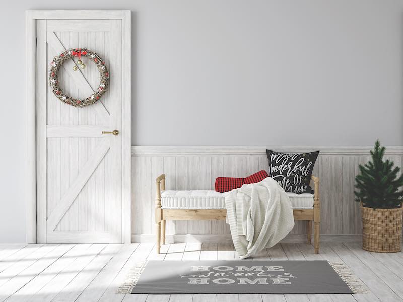 Scandinavian farmhouse hallway interior with Christmas decoration, wall mockup, 3d render