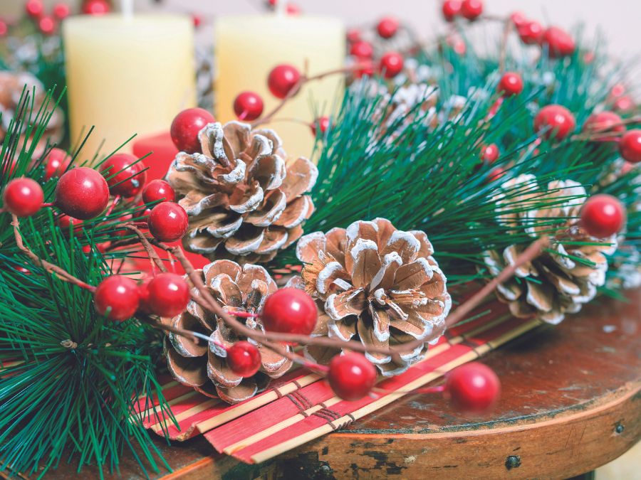Holiday Decor - Greens, Candles, Pinecones and Berries