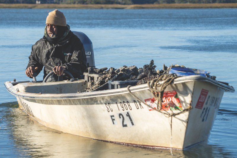 A man on a boat filled with bivalves