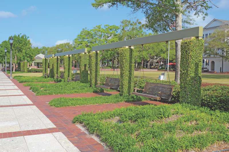 Swings at the promenade of the Henry C. Chambers Waterfront Park located south of Bay Street in the Historic District of downtown Beaufort, South Carolina