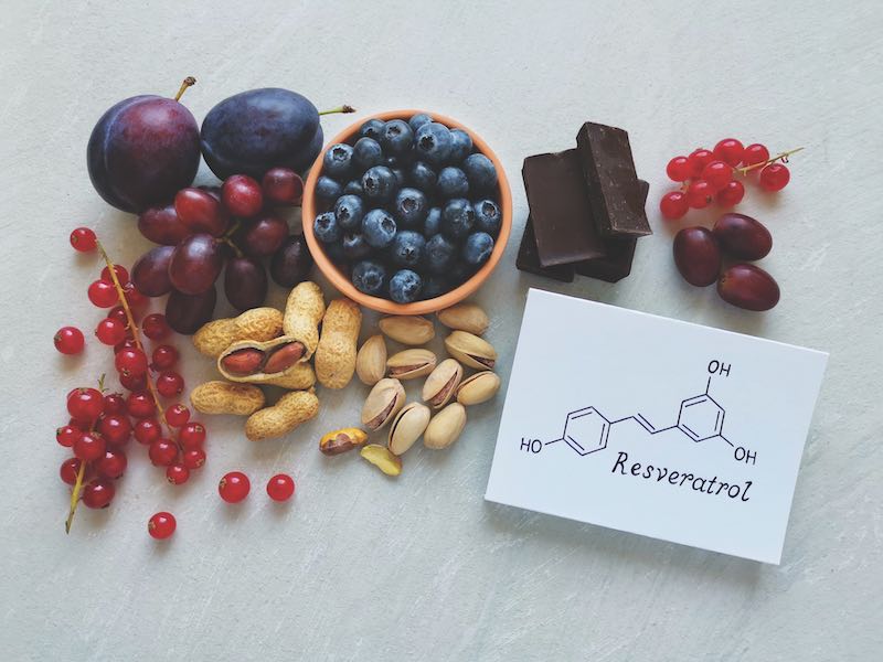 Food rich in resveratrol with structural chemical formula of resveratrol. Grapes, plum, dark chocolate, blueberry, red currant, pistachios, peanuts as natural sources of resveratrol and antioxidants.
