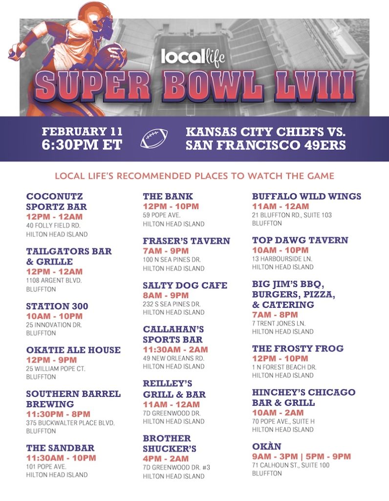 A list of where to watch the 2024 Super Bowl in Hilton Head and Bluffton, SC