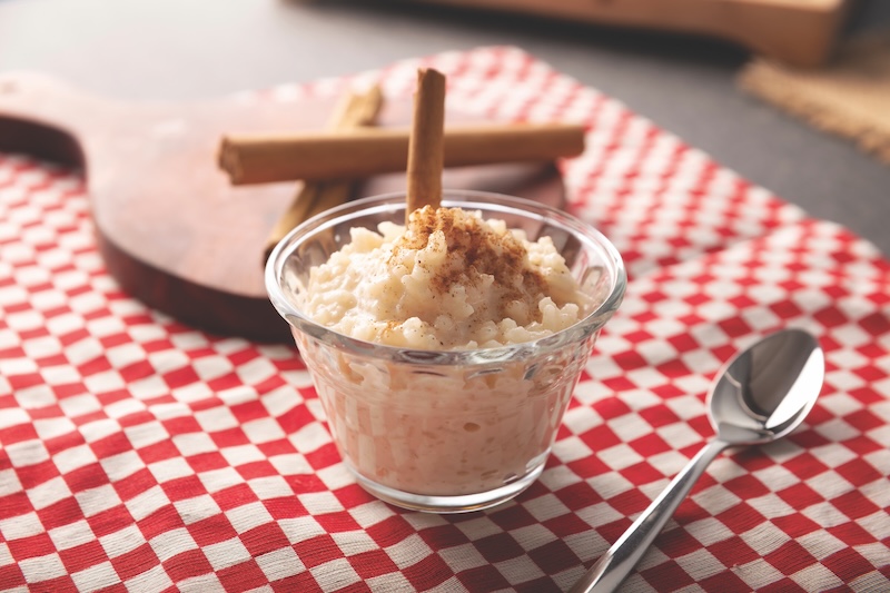 Rice pudding. Sweet dish made by cooking rice in milk and sugar, some recipes include cinnamon, vanilla or other ingredients, it is a very easy dessert to make and very popular all over the world.