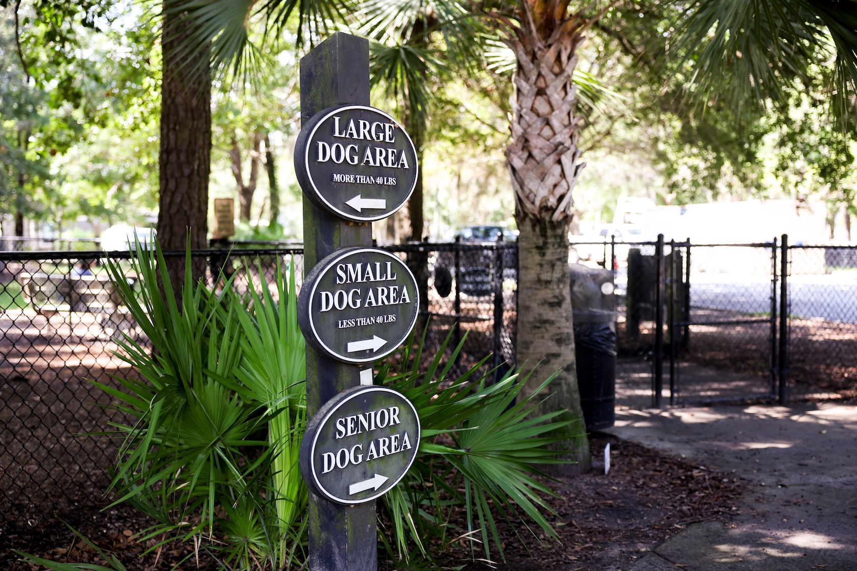 Sign at Bluffton Dog Park that shows direction for different sized dogs