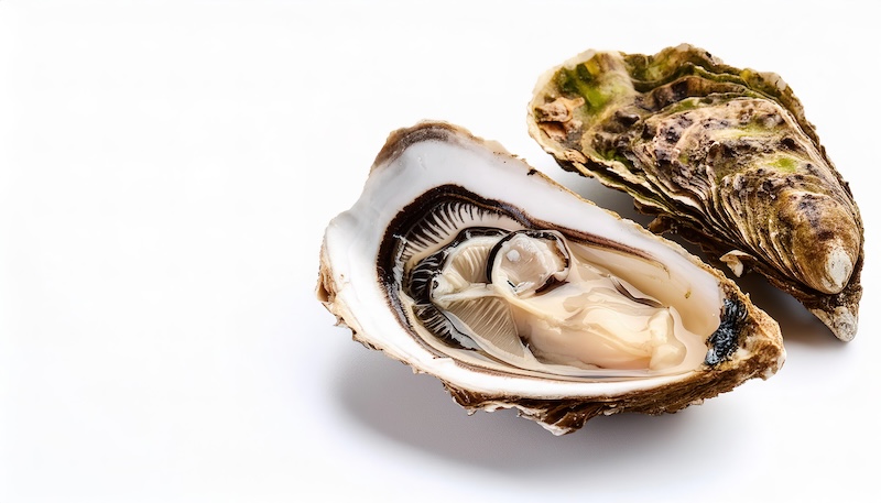 wild Eastern oyster - Crassostrea virginica - occurs in coastal waters of the Atlantic Ocean and Gulf of Mexico in estuaries, brackish water. isolated on white background top view.