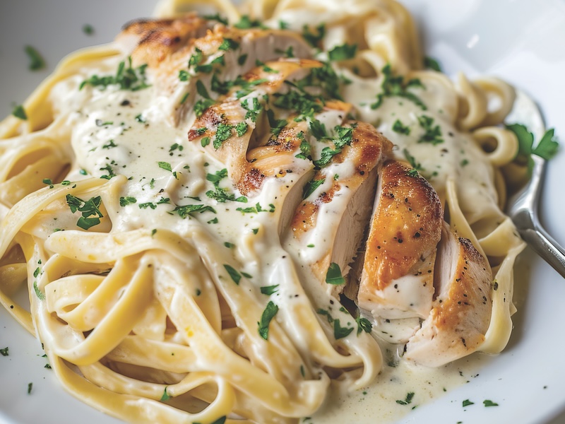 Fettuccine Alfredo with chicken served in a bowl, captured from an angle view. The creamy sauce and pasta create an appealing presentation for a restaurant setting.