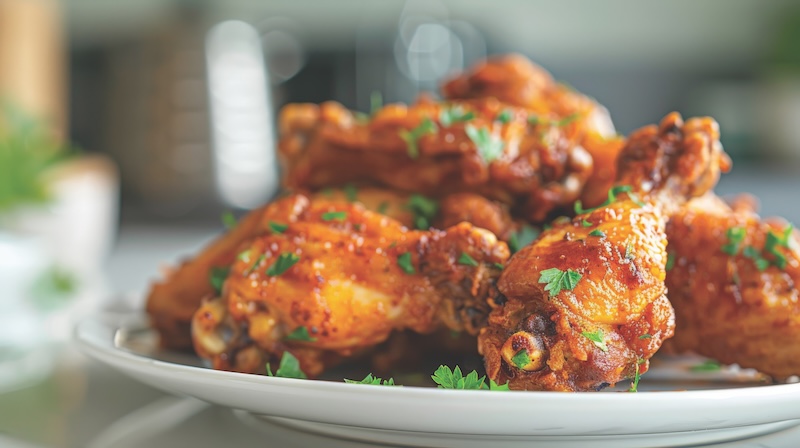 Golden-Brown Fried Chicken Wings with Fresh Parsley for your background bussines, poster, wallpaper, banner, greeting cards, and advertising for business entities or brands.