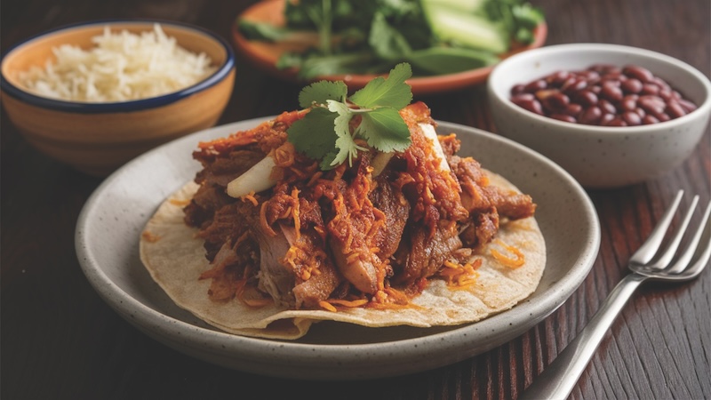 Carnitas: Slow-cooked, seasoned pork that is tender and crispy, often served in tacos, burritos, or alongside rice and beans.