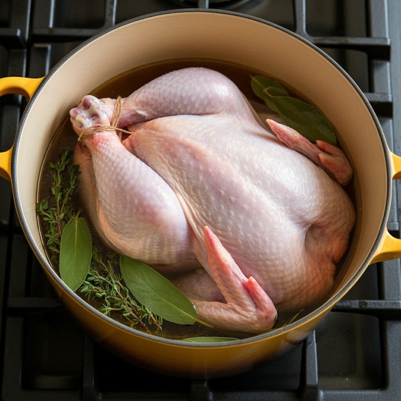 turkey brine in pot with thyme, sage and bay leaves