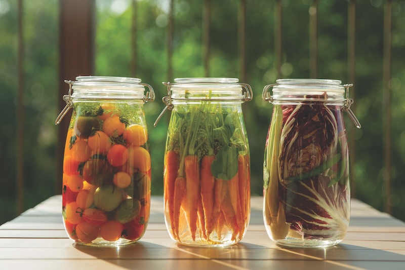 Brightly colored jars filled with fresh pickled vegetables and herbs, showcasing the beauty of home preservation and healthy eating. Perfect for culinary inspiration.