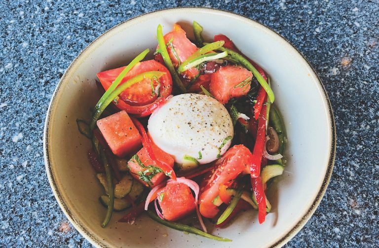 Summer salad on a blue background