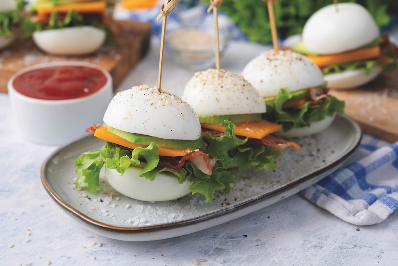 Low-Carb Keto Egg, Bacon, Avocado, and Cheese Sliders - a set of photos showing an entire recipe with instructions and ingredients