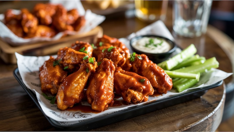 Crispy buffalo chicken wings coated in spicy red sauce, arranged neatly with celery sticks and a side of creamy ranch on a sports bar table.