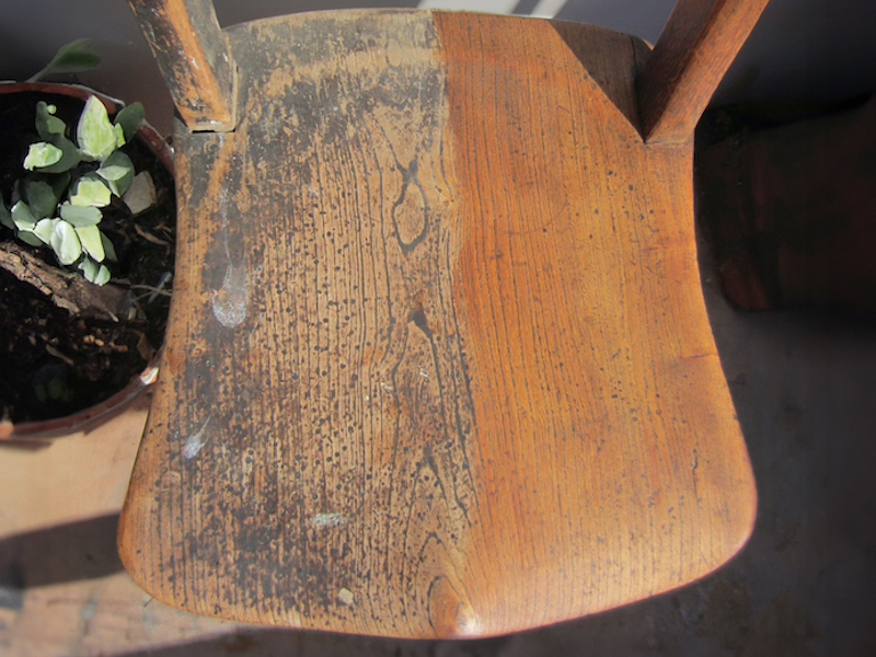 Before and after wood sanding vintage chair restoration