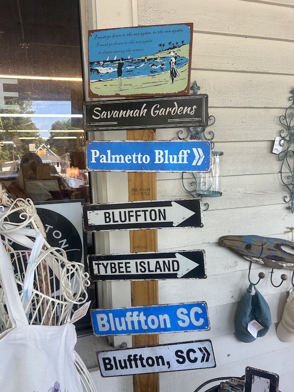Coastal Exchange antiques road signs directing to Palmetto Bluff, Bluffton and Tybee Island.
