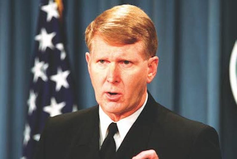 Admiral John “Boomer” Stufflebeem briefs reporters at the Pentagon on Oct. 17, 2001, following a round of air strikes in Afghanistan.