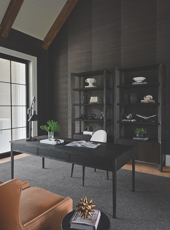 Palmetto Bluff home moody study black decor and charcoal accent wall