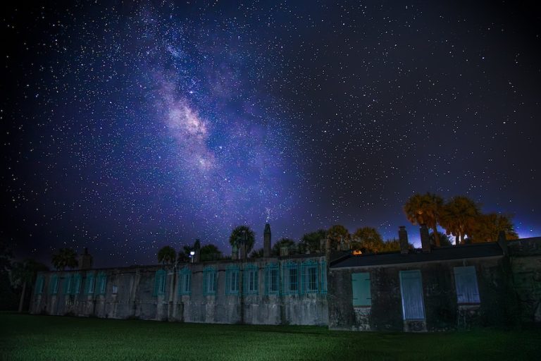 Milky Way rising over Atalaya Castle at Hunting Beach State Park in August