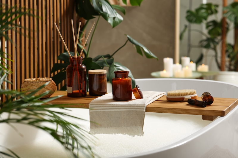 Calming Himalayan salt and essential oils over bath wooden accents