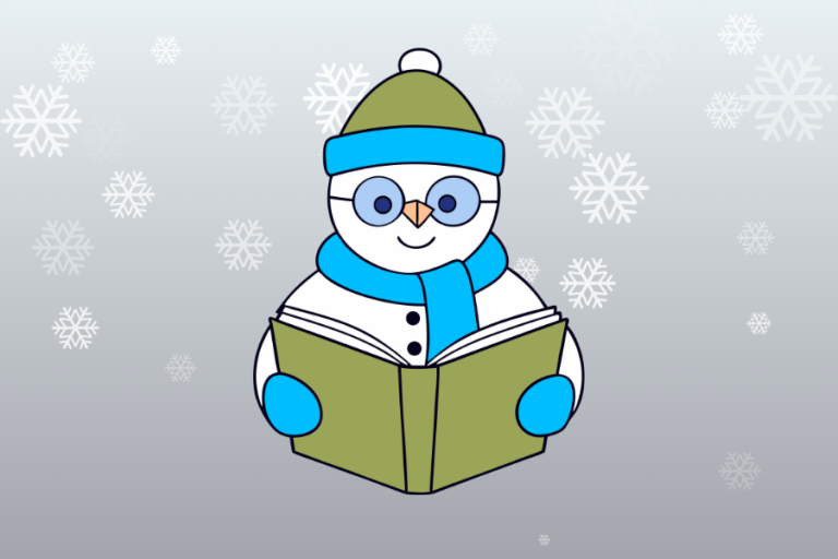 Snowman cartoon reading a book