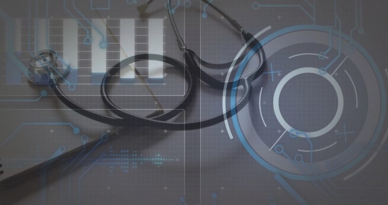 Image of data processing with scope scanning over stethoscope on grey background. Global medicine, healthcare, science and digital interface concept digitally generated image.