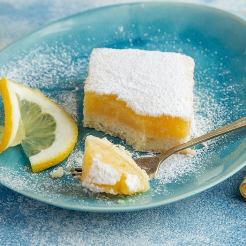 Freshly baked lemon bars, selective focus