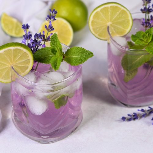 Mojito cocktail with lavender and mint aroma. Summer refreshing drink