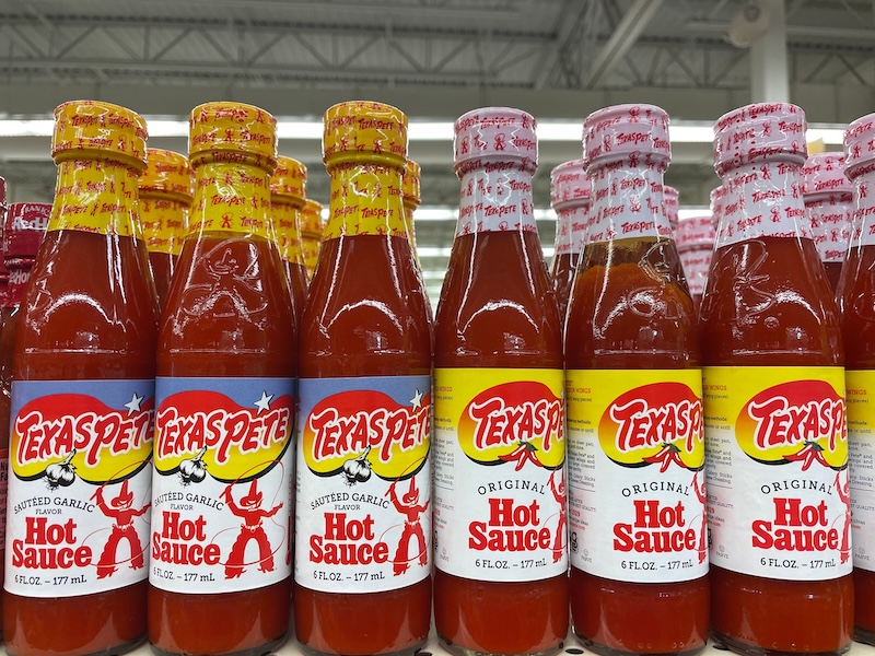 Texas Pete hot sauce bottles from North Carolina Southern food brand