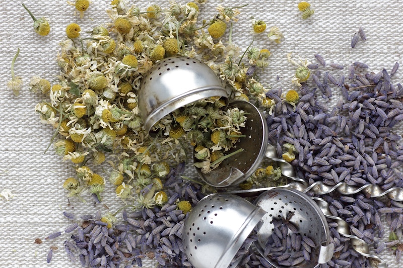 Chamomile and lavender tea used for relaxation and sleep remedies