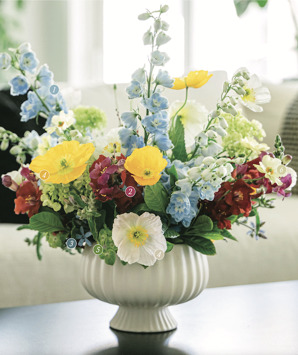 Coastal floral arrangement May 2026 Farmer Blue Beaufort blue delphinium snapdragons poppies