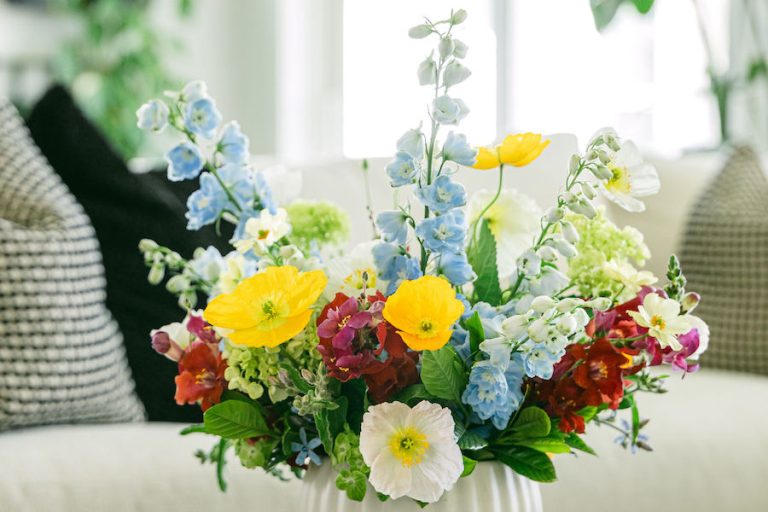 Coastal floral arrangement May 2026 Farmer Blue blue delphinium Beaufort flowers