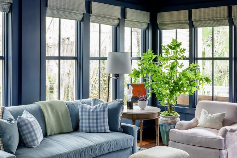 Enclosed porch by Kelly Caron Designs and Budget Blinds of Hilton Head Island