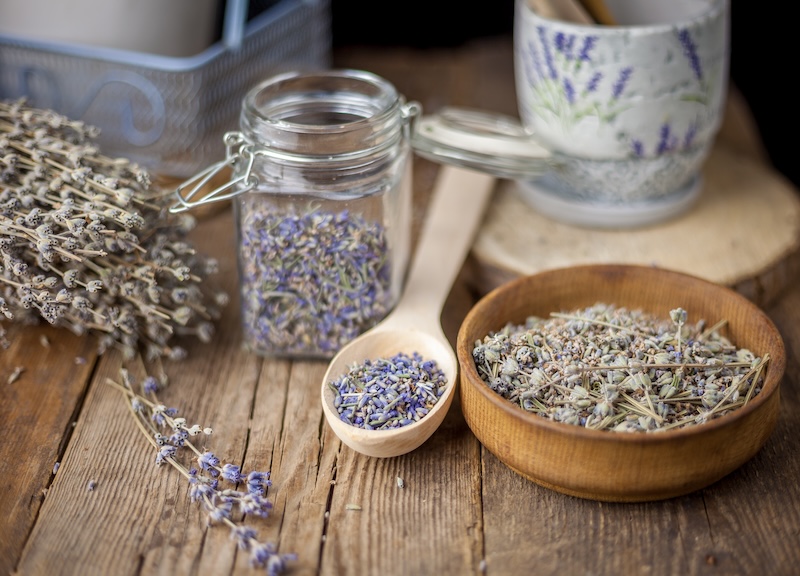 Dried lavender. Flowers, buds and a bouquet of lavender are used both in aromatherapy and in cooking. Lavender tea is a medicinal herb. Useful aromatic essential plant on a wooden background.
