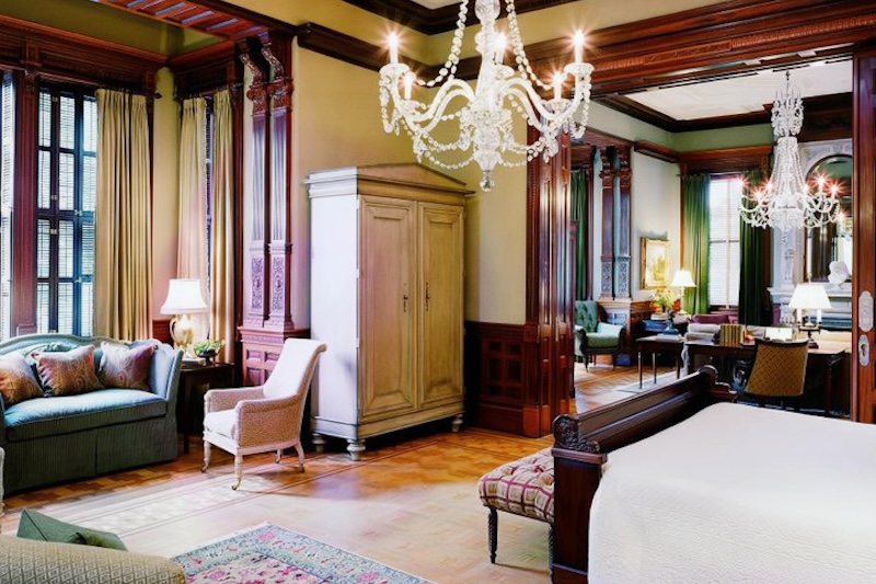 Elegant interior at Wentworth Mansion with chandelier and classic Southern design