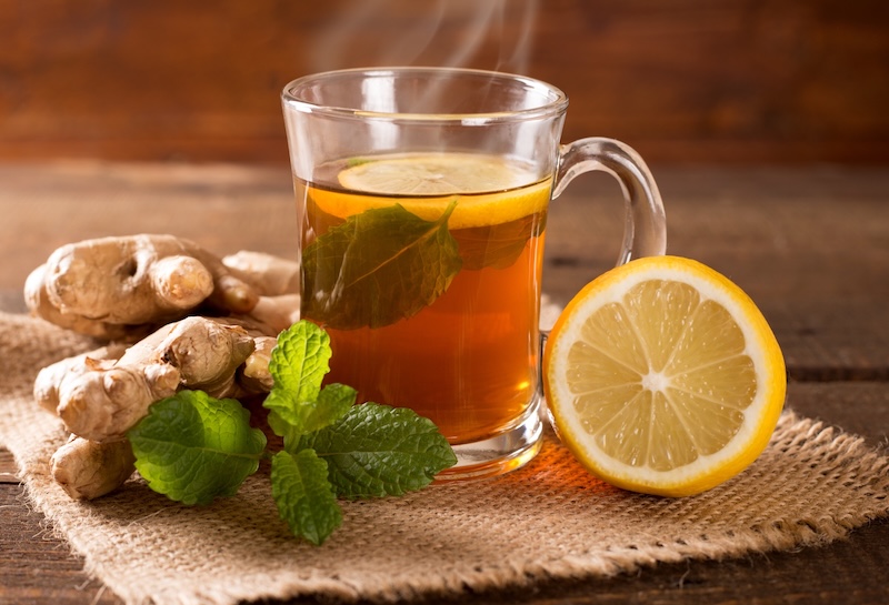 Herbal tea with mint ginger and lemon used in Southern home remedies