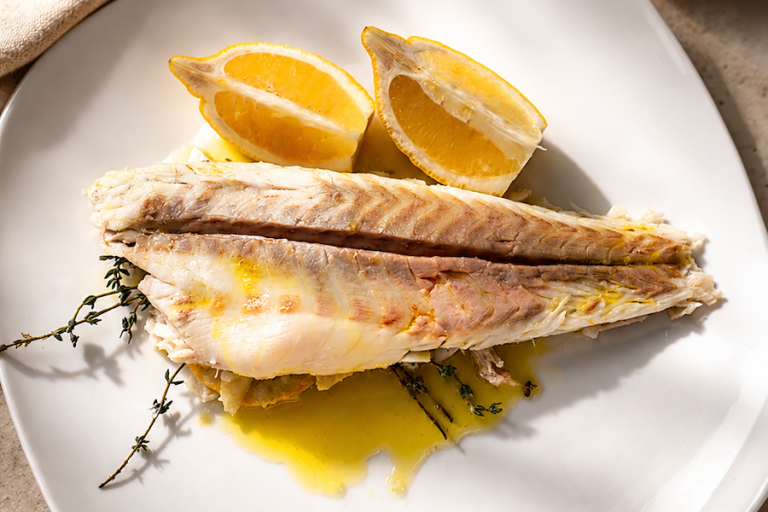 Salt-crusted branzino served with lemon on white plate