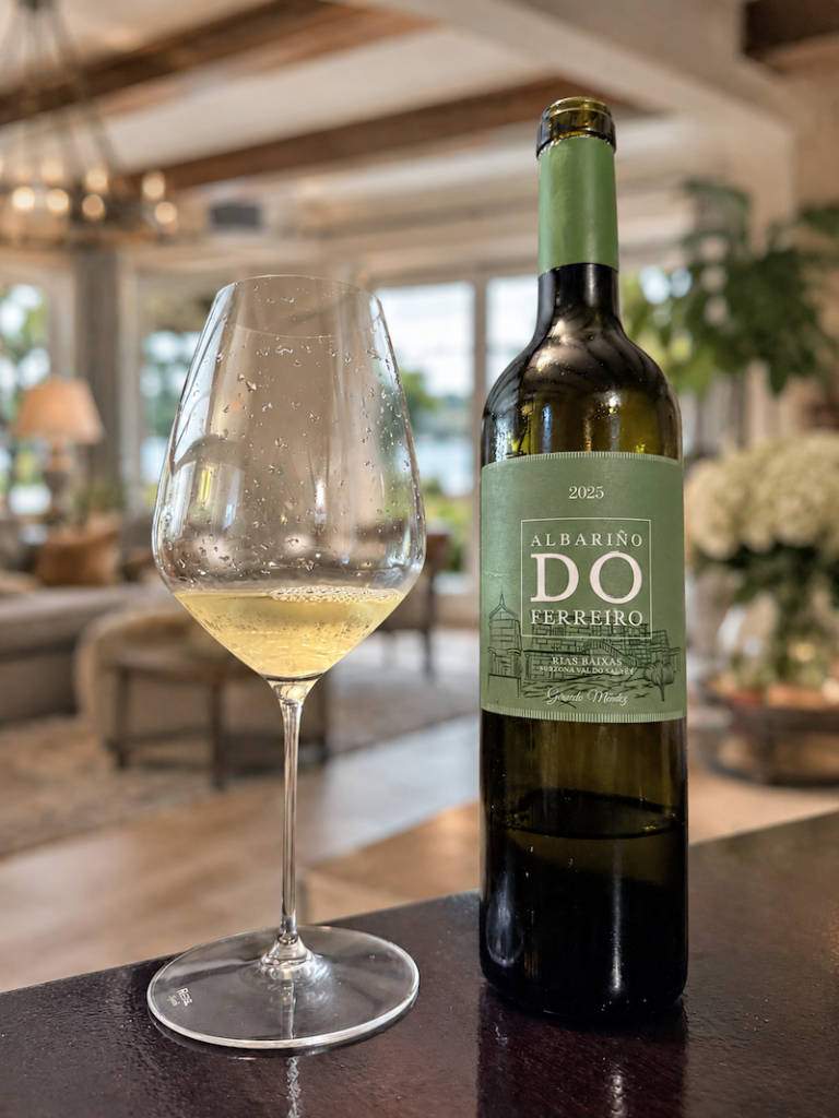 Glass of Albariño wine beside bottle with coastal-inspired setting