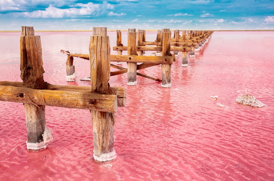 Pink waters of Lake Retba Senegal with wooden salt harvesting structures