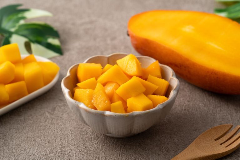 Fresh diced mangoes prepared for homemade mango relish