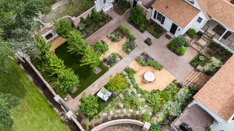 Aerial view of lush landscaping at a southern home